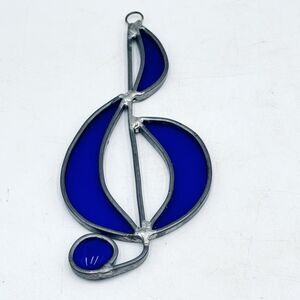Vintage Leaded Stained Glass Music Note Treble Clef Suncatcher Cobalt Blue Color